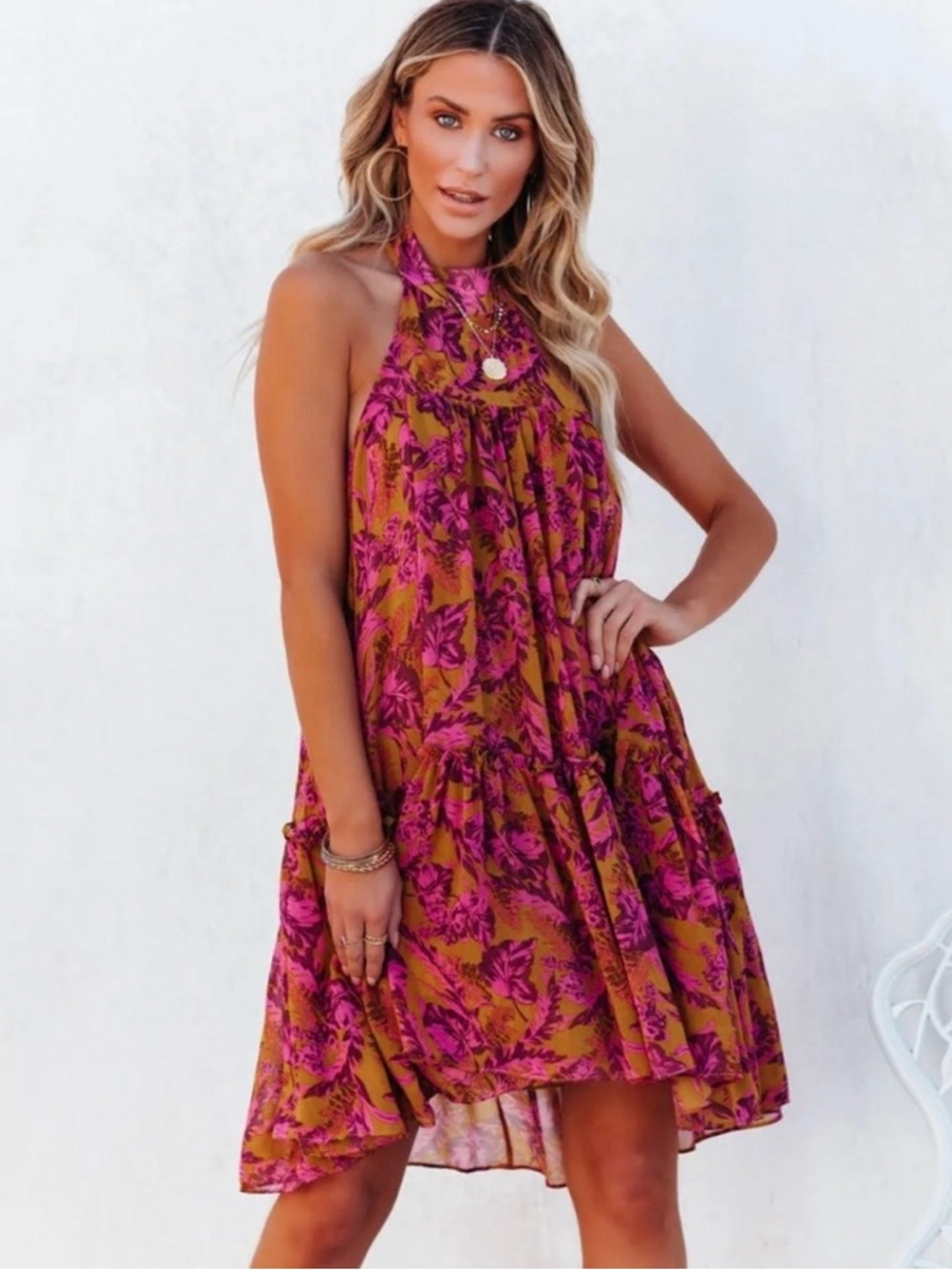 Vici - Halter Floral High-Low Dress in Magenta and Mustard